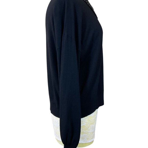 LIV Milano Long Balloon Sleeve Black Sweater Rhinestone Embellished Collar XL - Picture 3 of 7